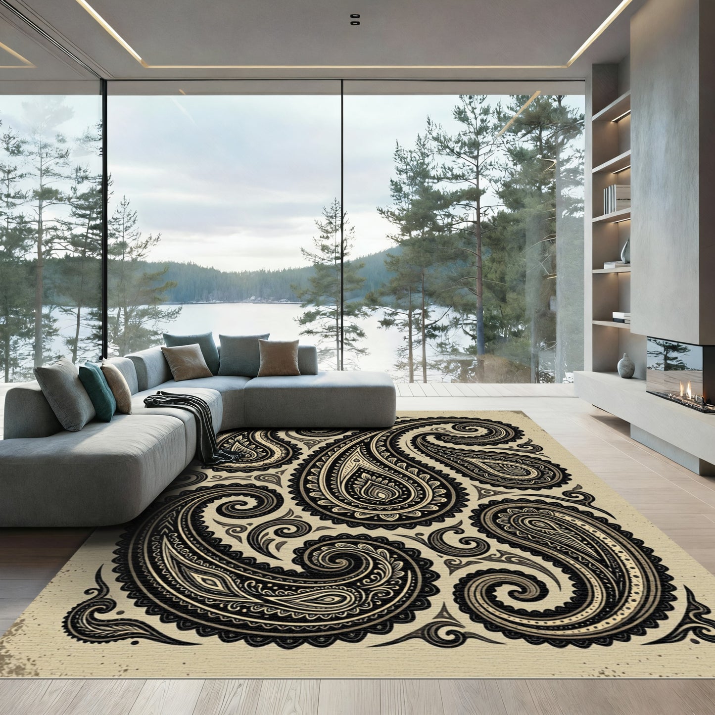 Charcoal Beige Ornate Swirl Paisley Rug