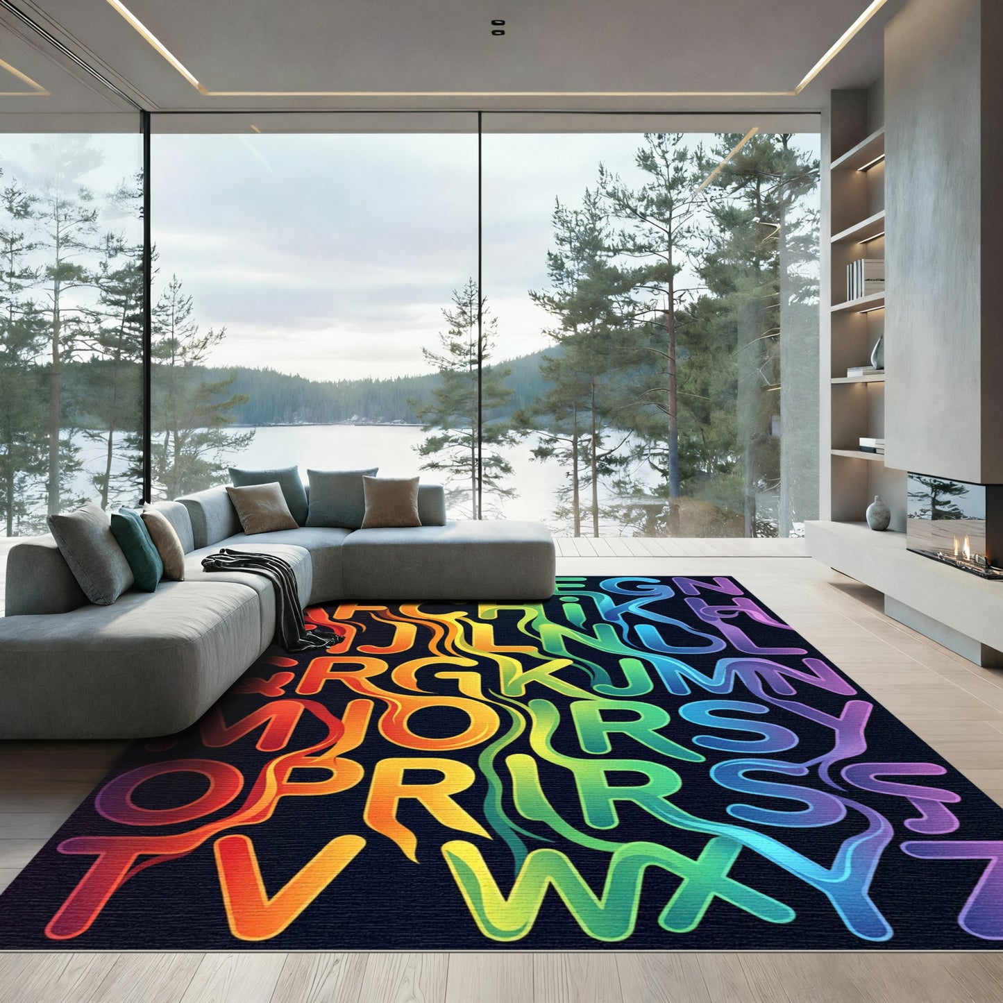 Vibrant Rainbow Liquid Alphabet Flow Rug