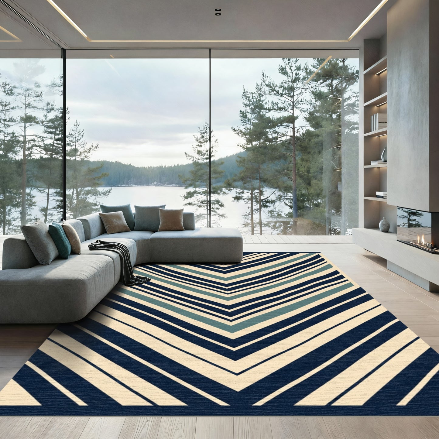 Navy Teal Cream Chevron Stripe Rug