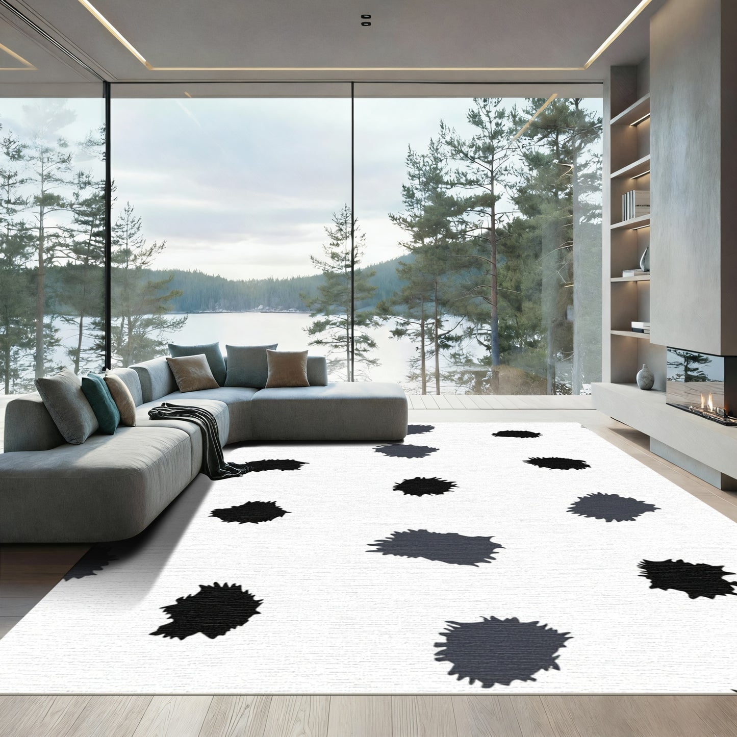 Black Gray Splatter Abstract Shapes Rug
