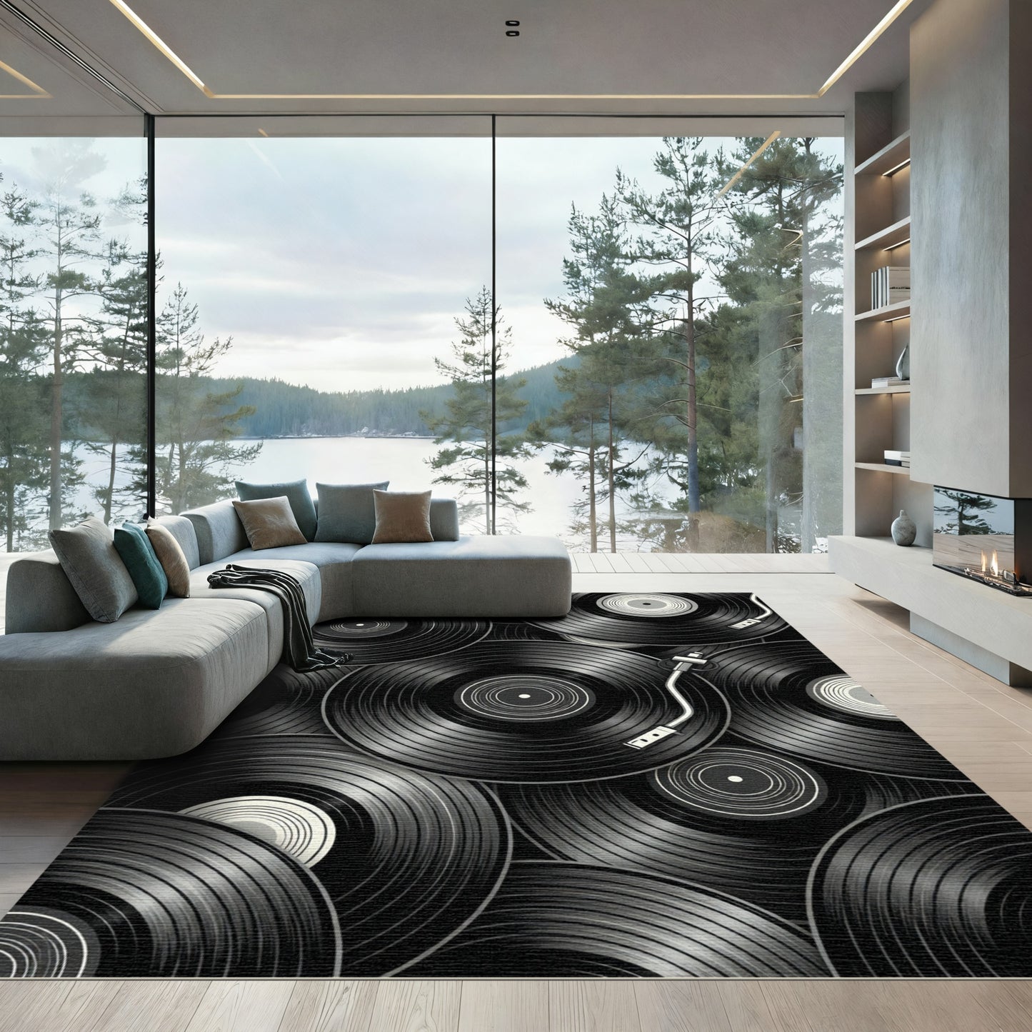 Monochrome Vinyl Record Collage Art Rug