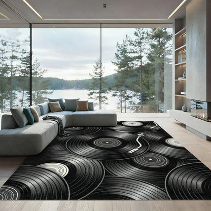 Monochrome Vinyl Record Collage Art Rug