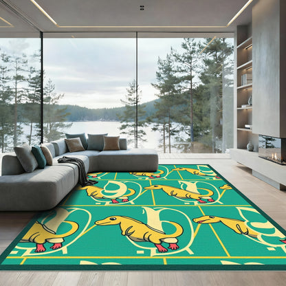 Yellow Dinosaur Teal Line Repeating Rug