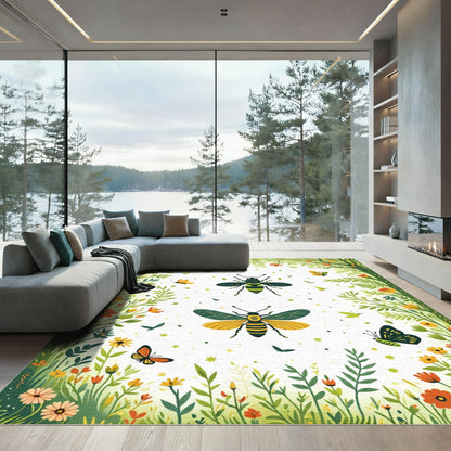 Whimsical Green Bee Butterfly Garden Rug