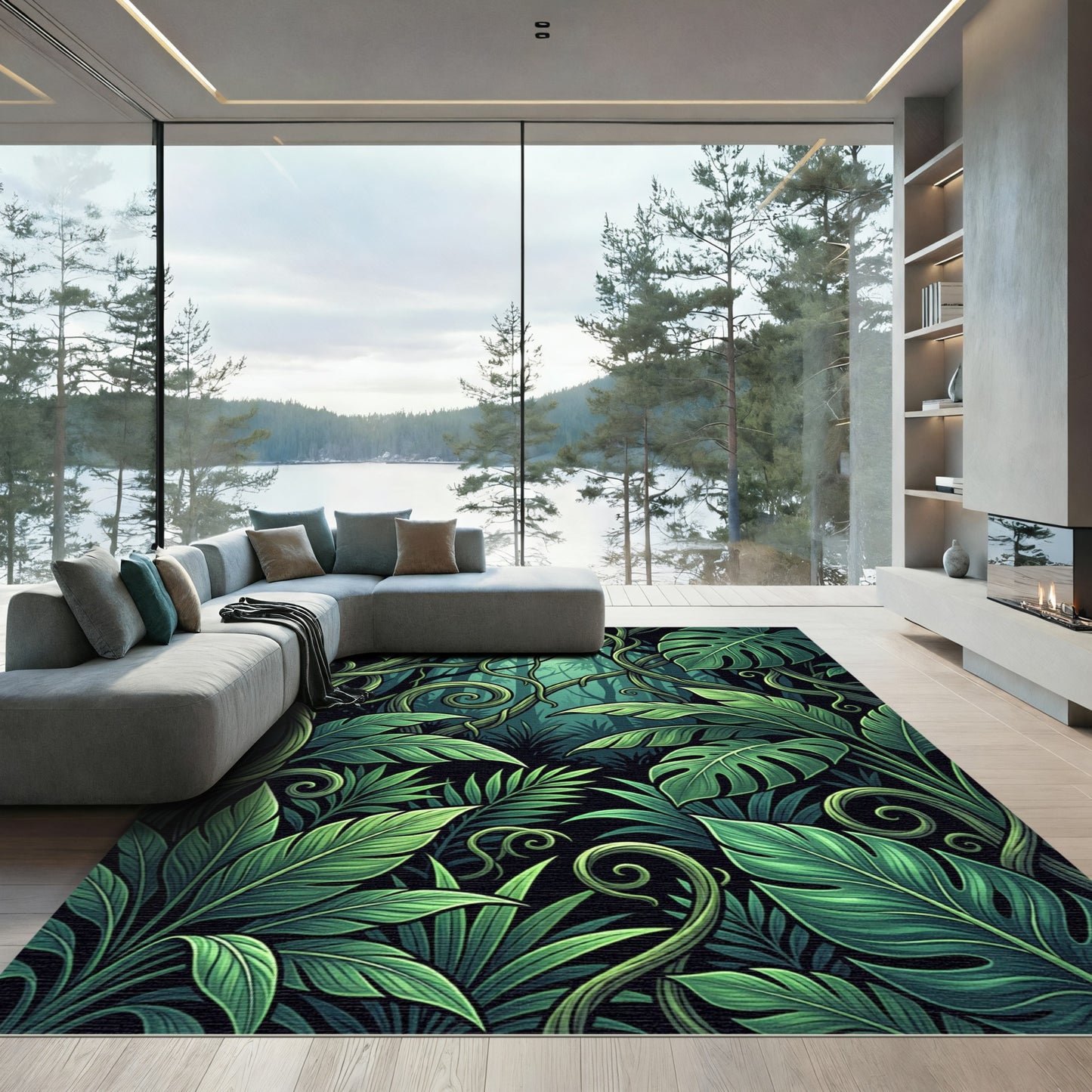 Lush Emerald Tropical Foliage Rainforest Rug