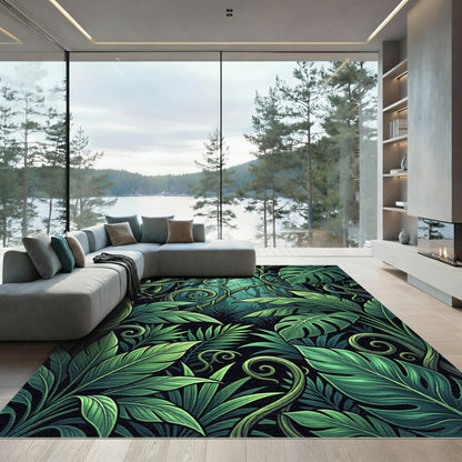 Lush Emerald Tropical Foliage Rainforest Rug