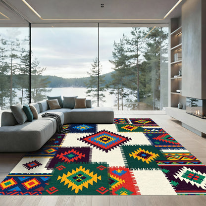 Navajo Inspired Geometric Diamond Patchwork Rug