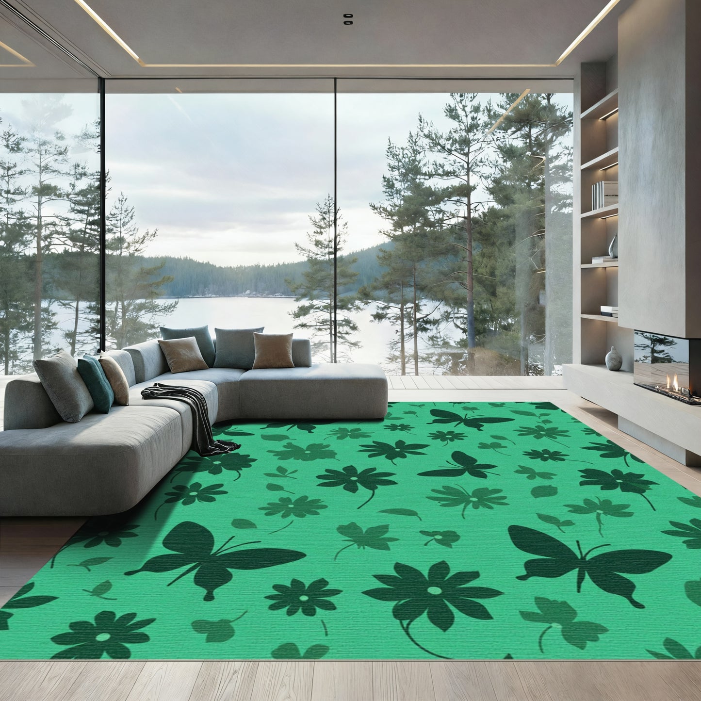 Teal Butterfly and Floral Silhouette Rug