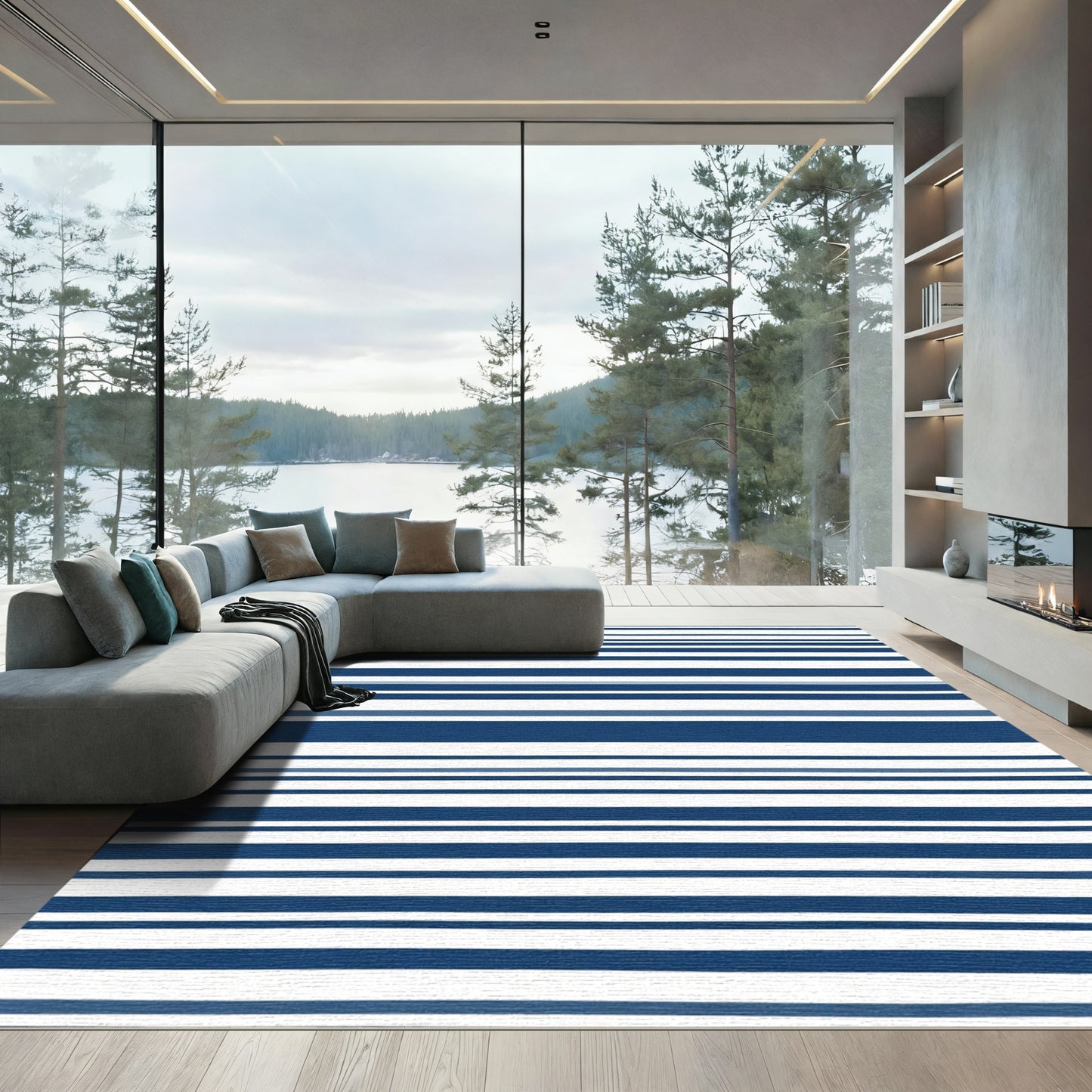 Classic Deep Blue White Striped Rug