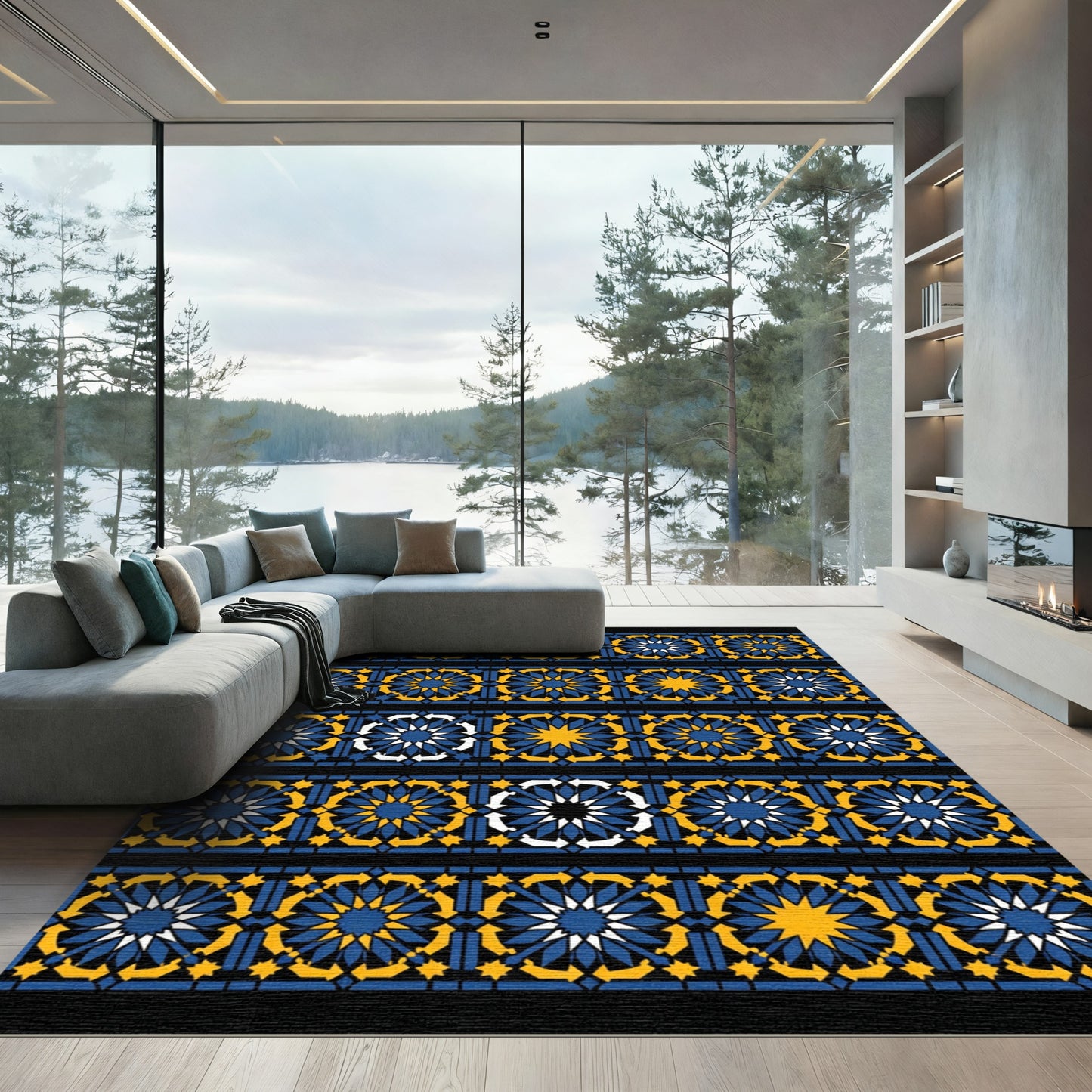 Navy Blue Yellow Geometric Starburst Rug