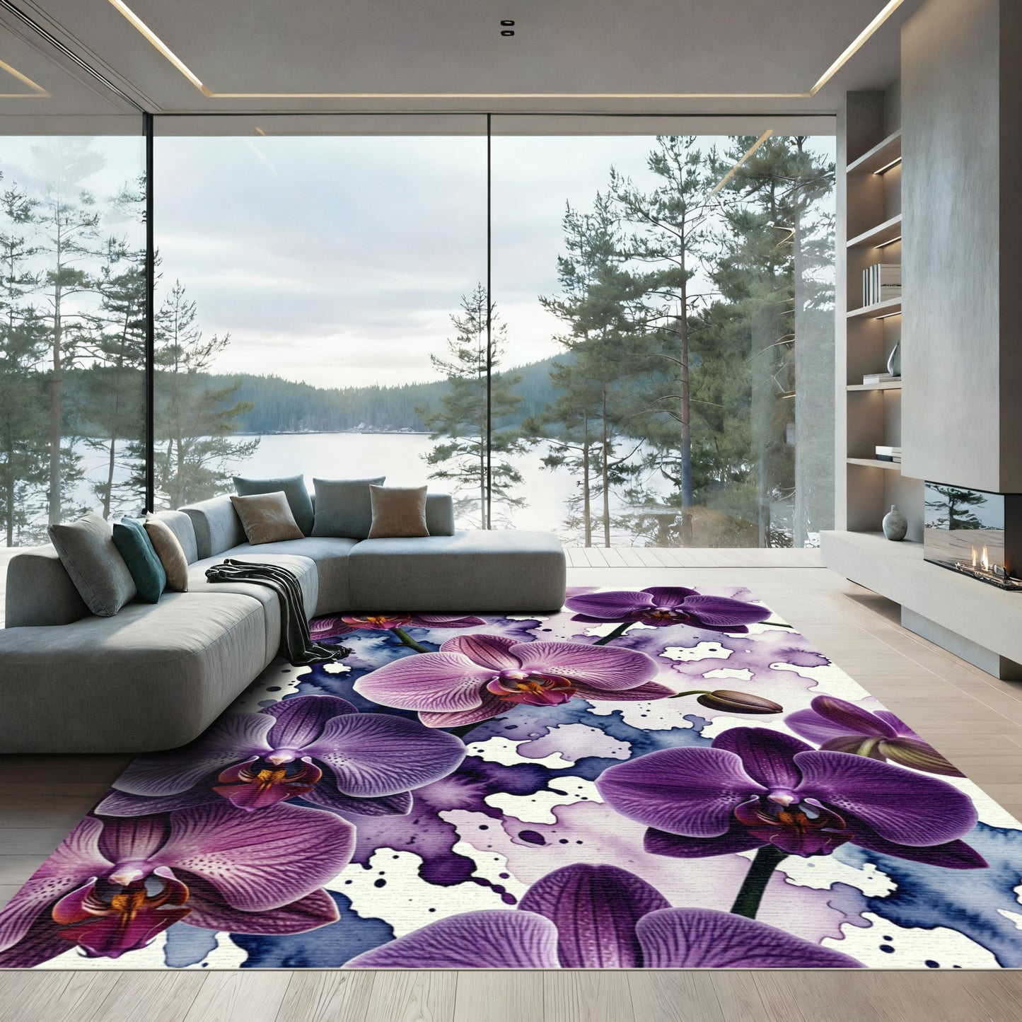 Watercolor Purple Orchid Floral Bloom Rug
