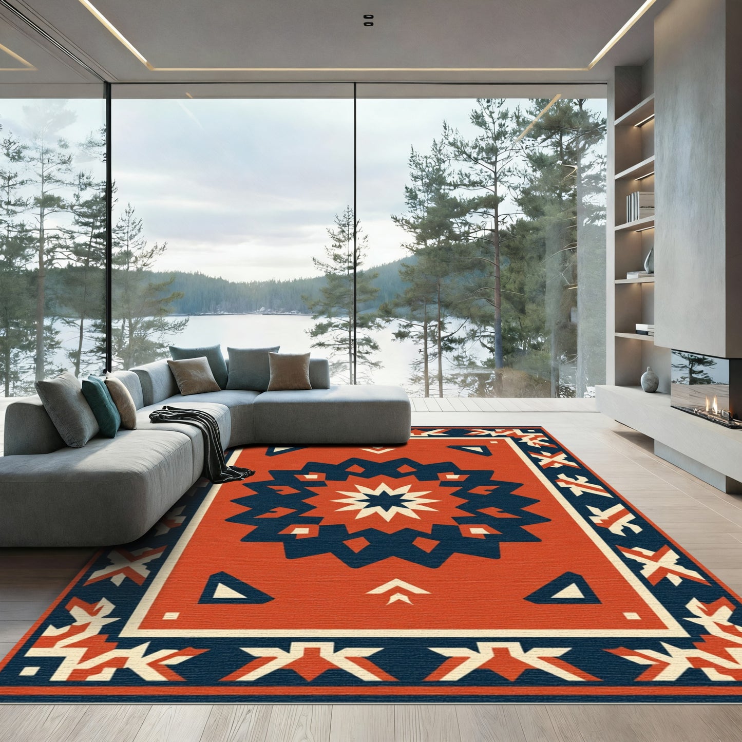 Red Navy Starburst Geometric Borders Rug