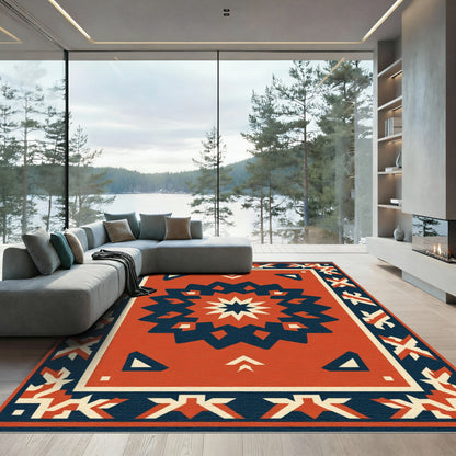 Red Navy Starburst Geometric Borders Rug