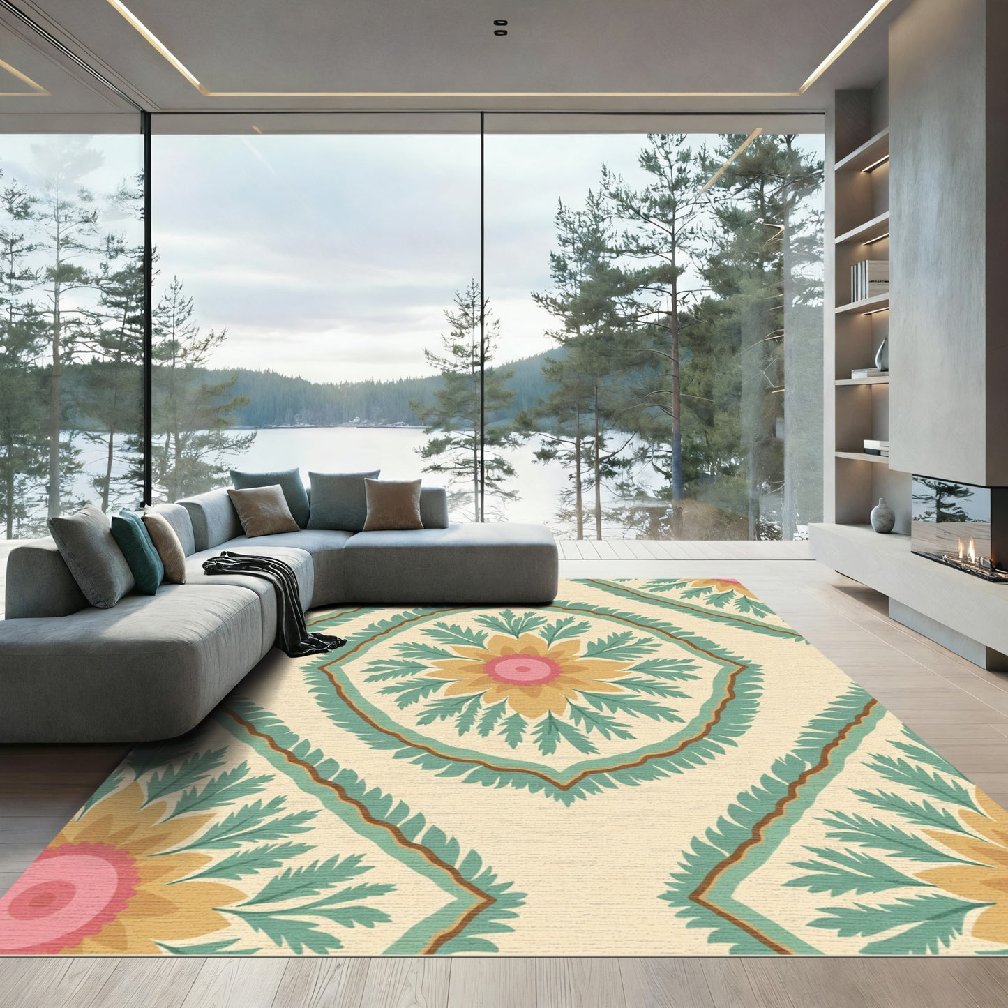 Cream Floral Sunburst Diamond Rug