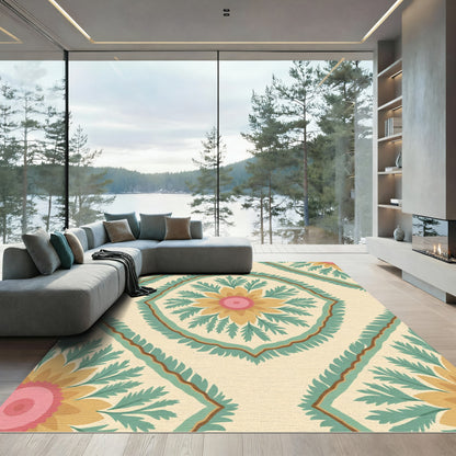 Cream Floral Sunburst Diamond Rug