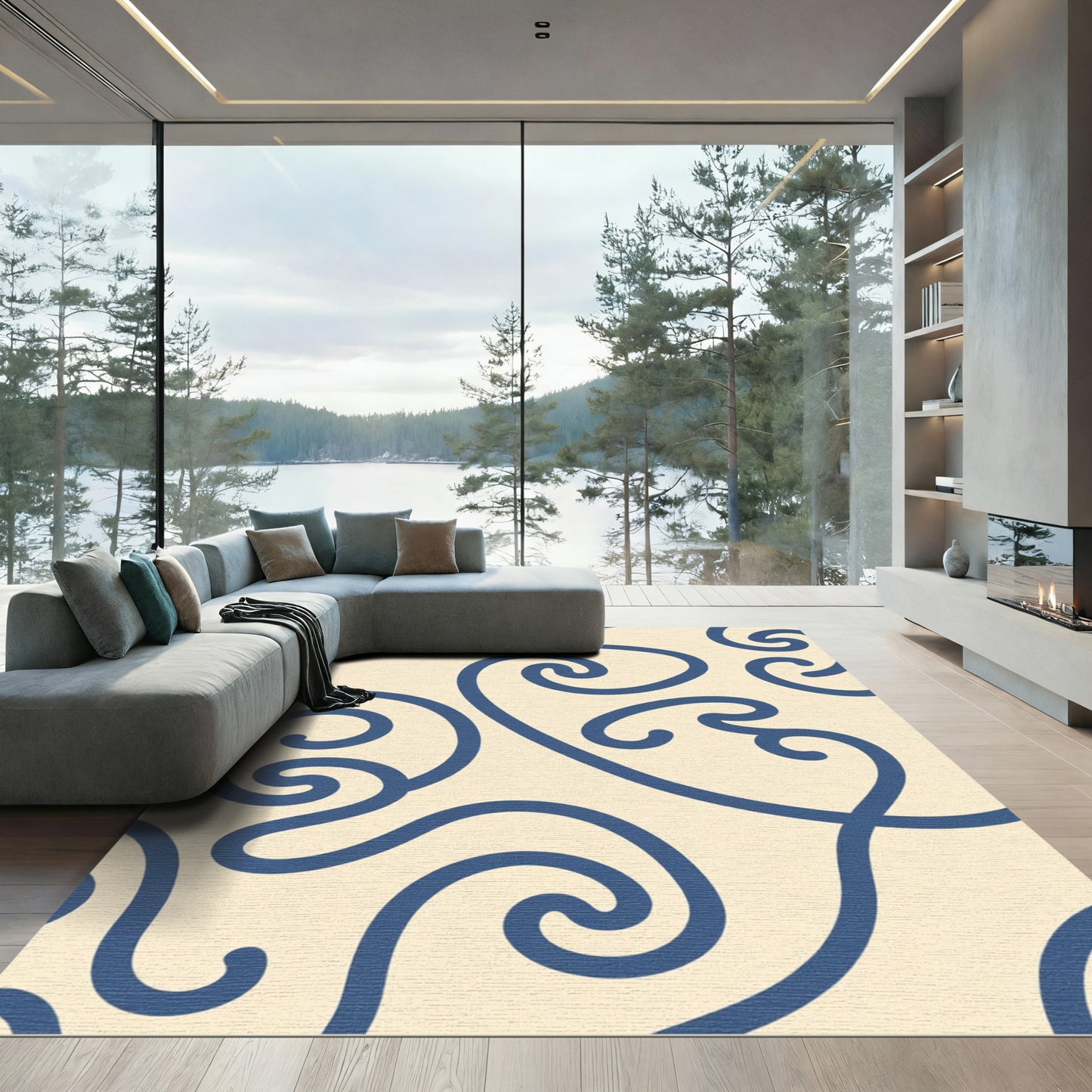 Navy Blue Swirl Abstract Organic Rug