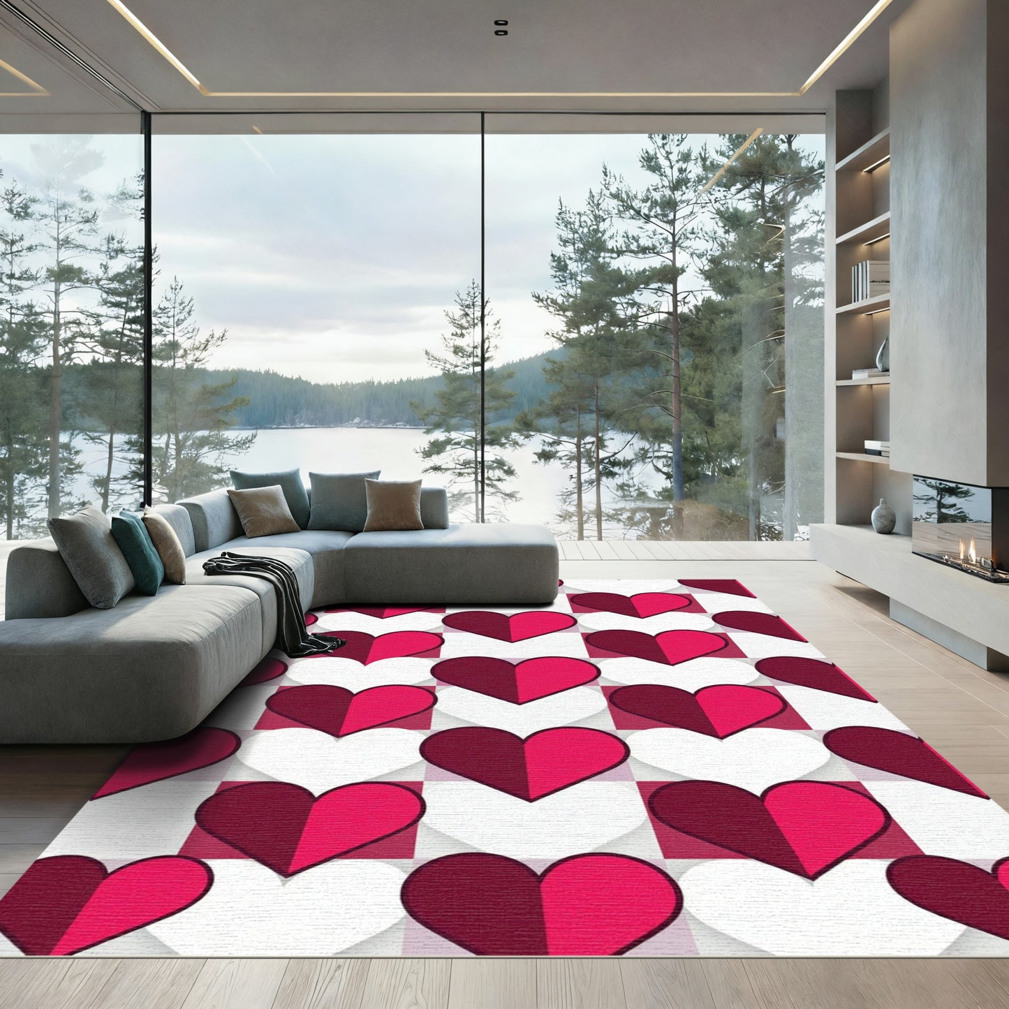 Crimson Magenta Heart Grid Rug