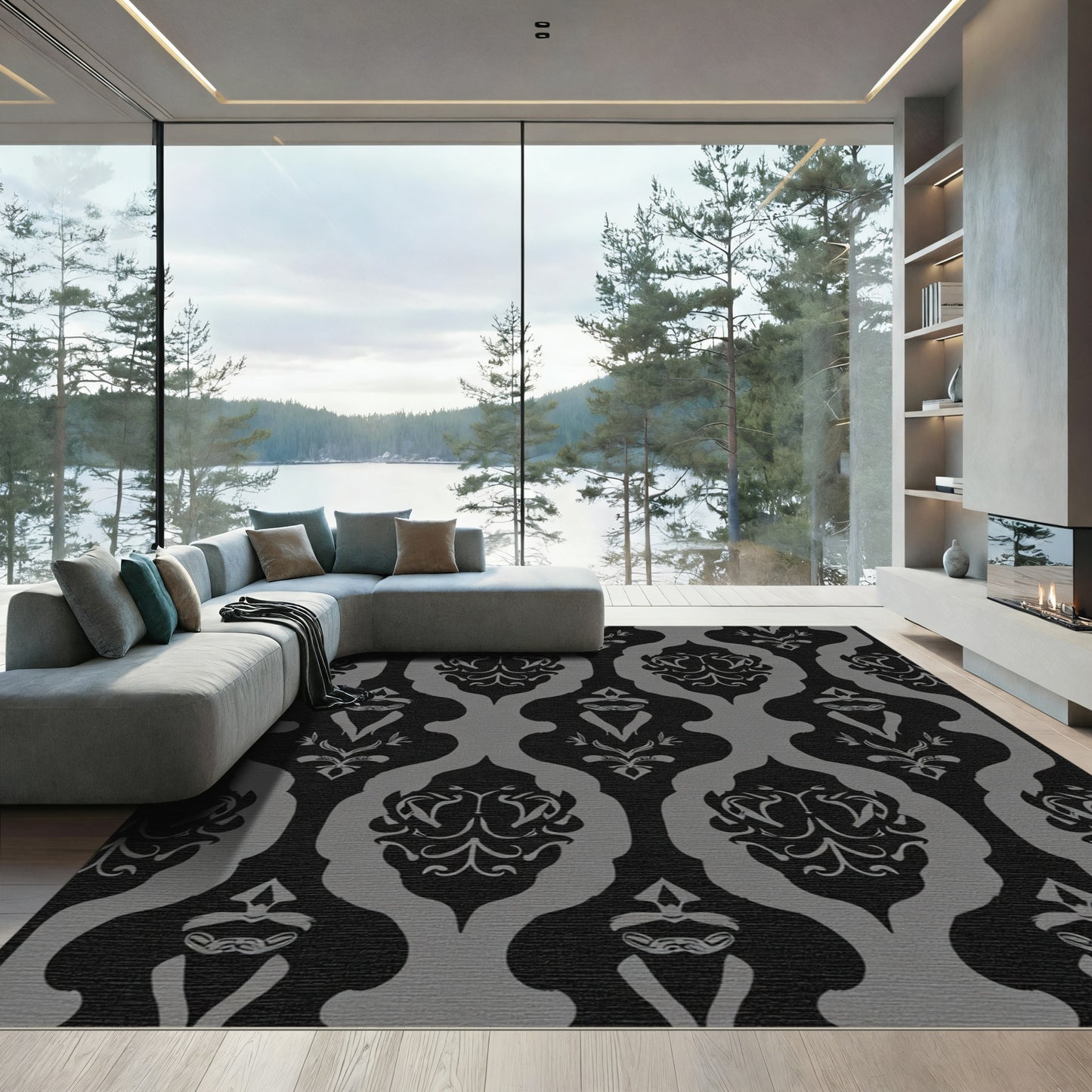 Dark Gray Baroque Scroll Damask Rug