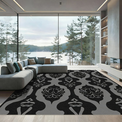 Dark Gray Baroque Scroll Damask Rug