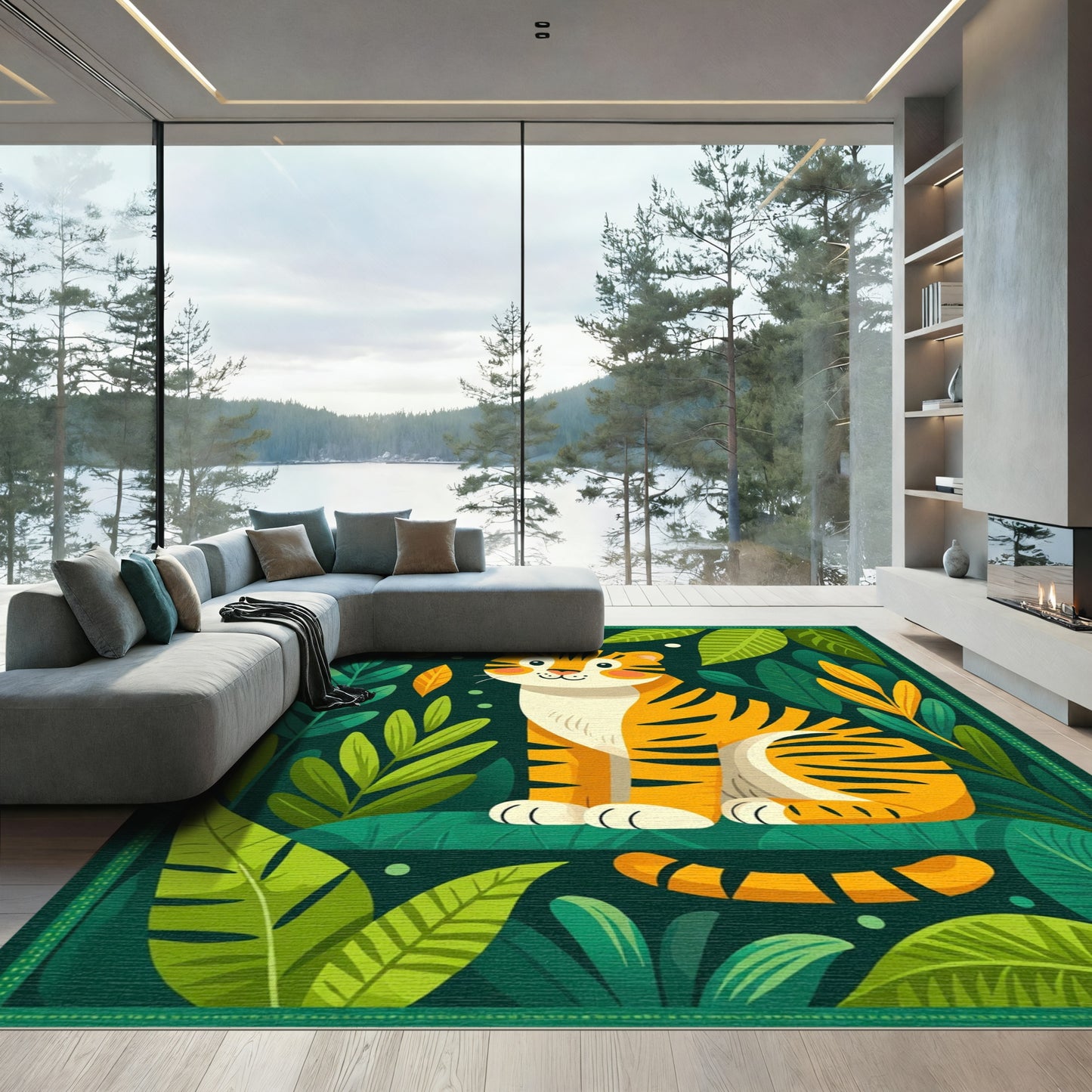 Vibrant Jungle Tiger Leafy Green Rug