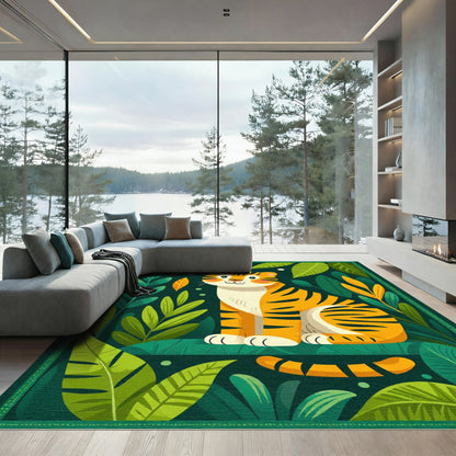 Vibrant Jungle Tiger Leafy Green Rug