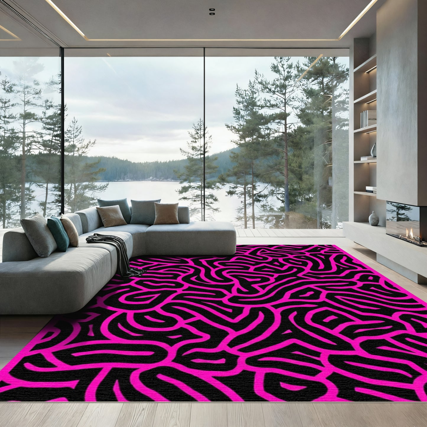 Vibrant Pink Black Organic Labyrinth Rug