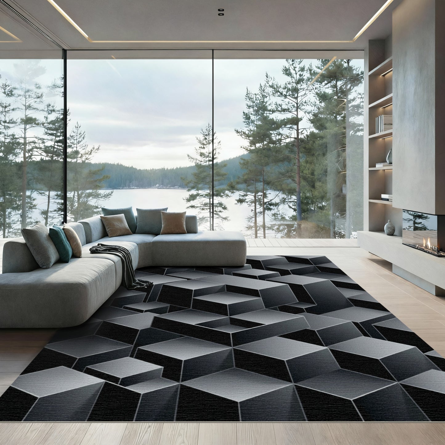 Dark Gray Geometric Cube Illusion Rug
