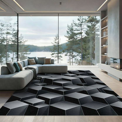 Dark Gray Geometric Cube Illusion Rug