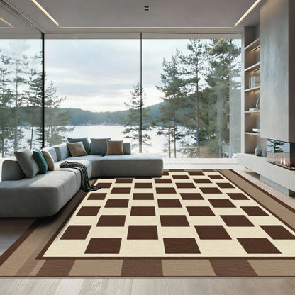 Classic Chessboard Brown Cream Squares Rug