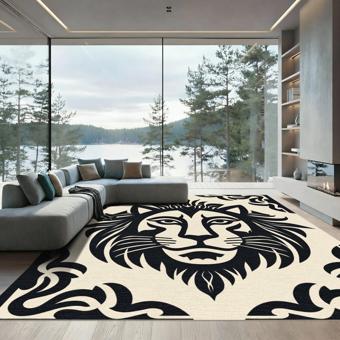 Bold Black Lion Face Cream Border Rug