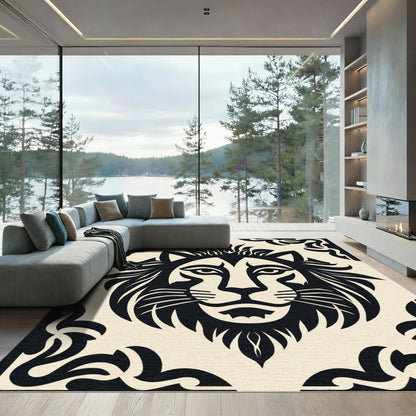 Bold Black Lion Face Cream Border Rug