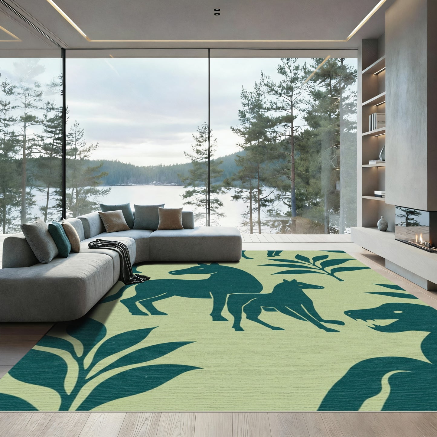 Teal Equine Botanical Silhouette Rug