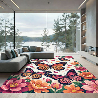 Vibrant Monarch Butterflies Amidst Blooms Rug
