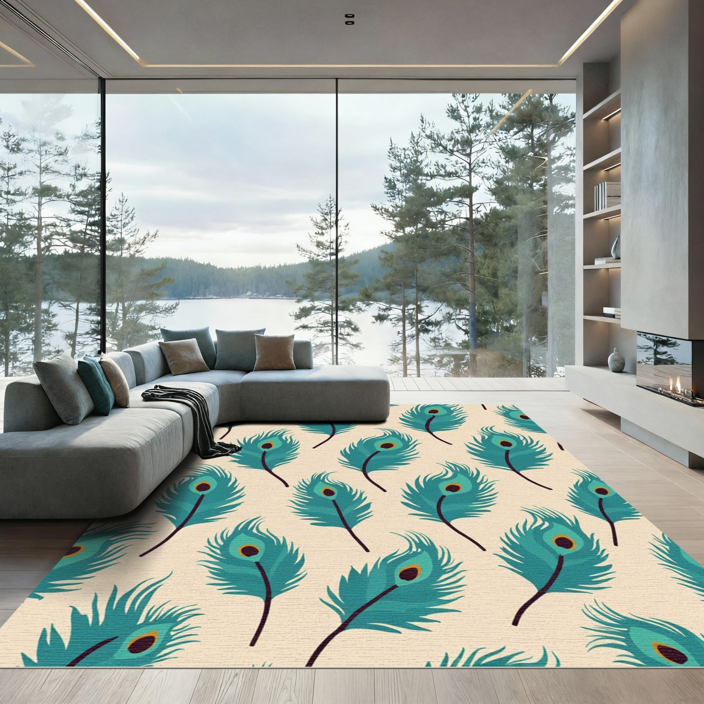 Teal Feather Eye Cream Rug