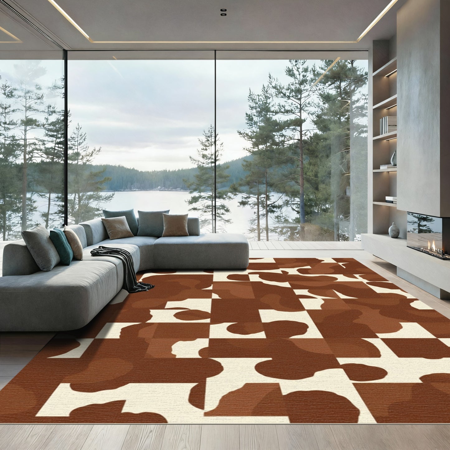 Brown White Organic Squares Rug