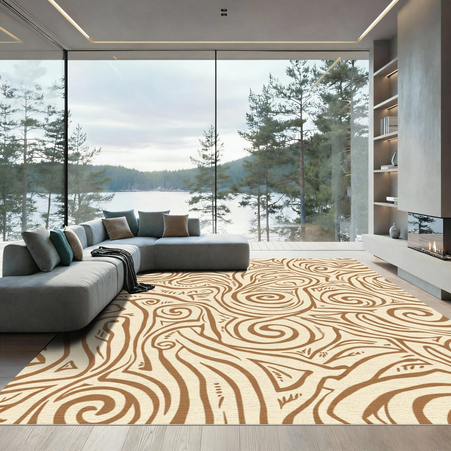 Rustic Brown Swirl Organic Abstract Rug