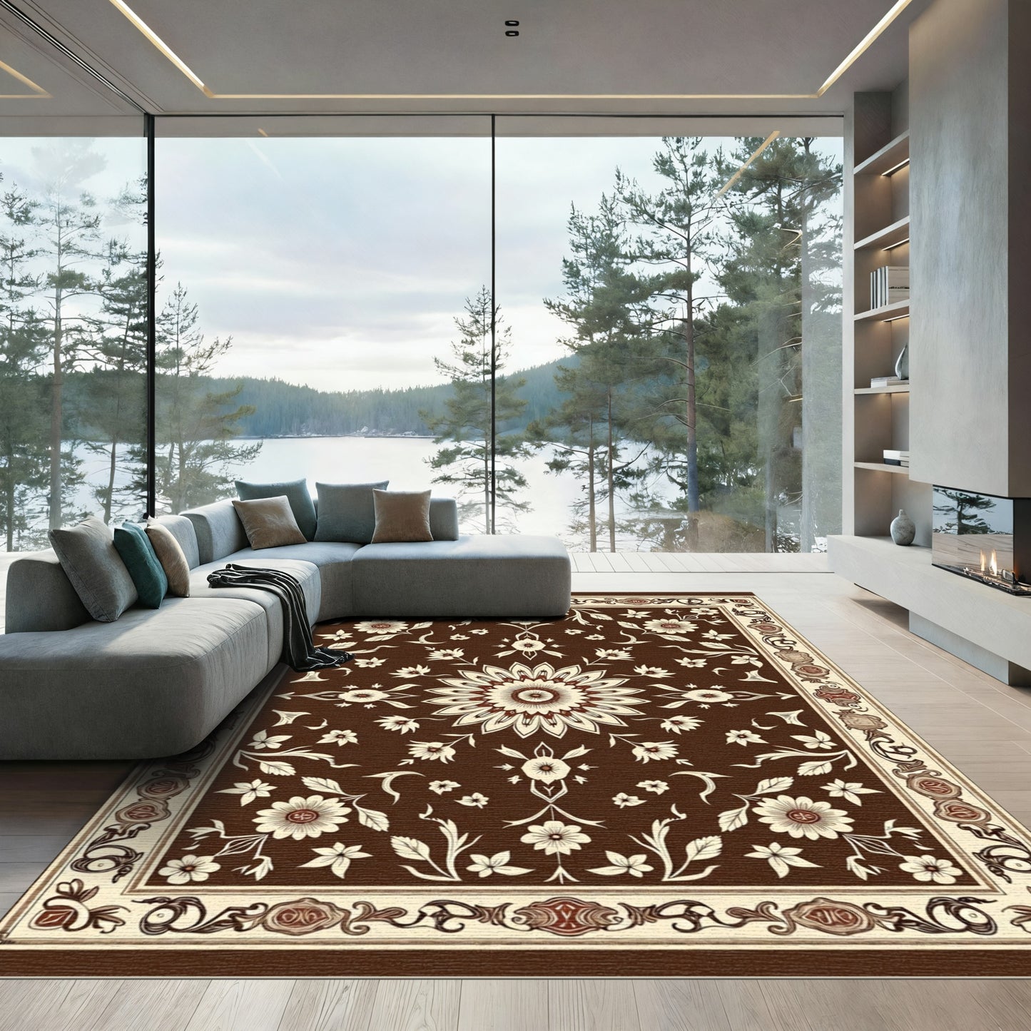 Rich Brown Ivory Floral Medallion Rug