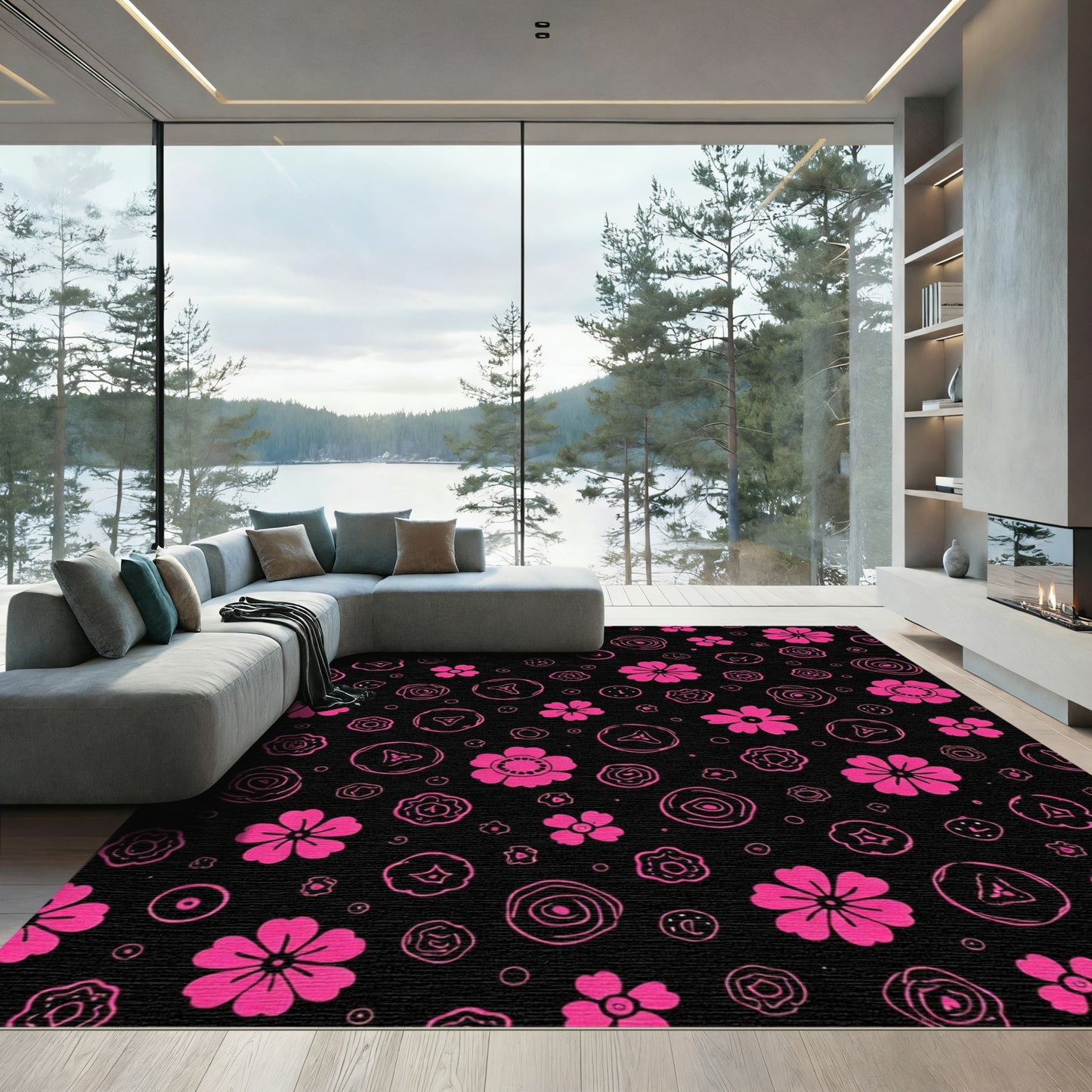 Fuchsia Flower Doodle Mid-Century Rug
