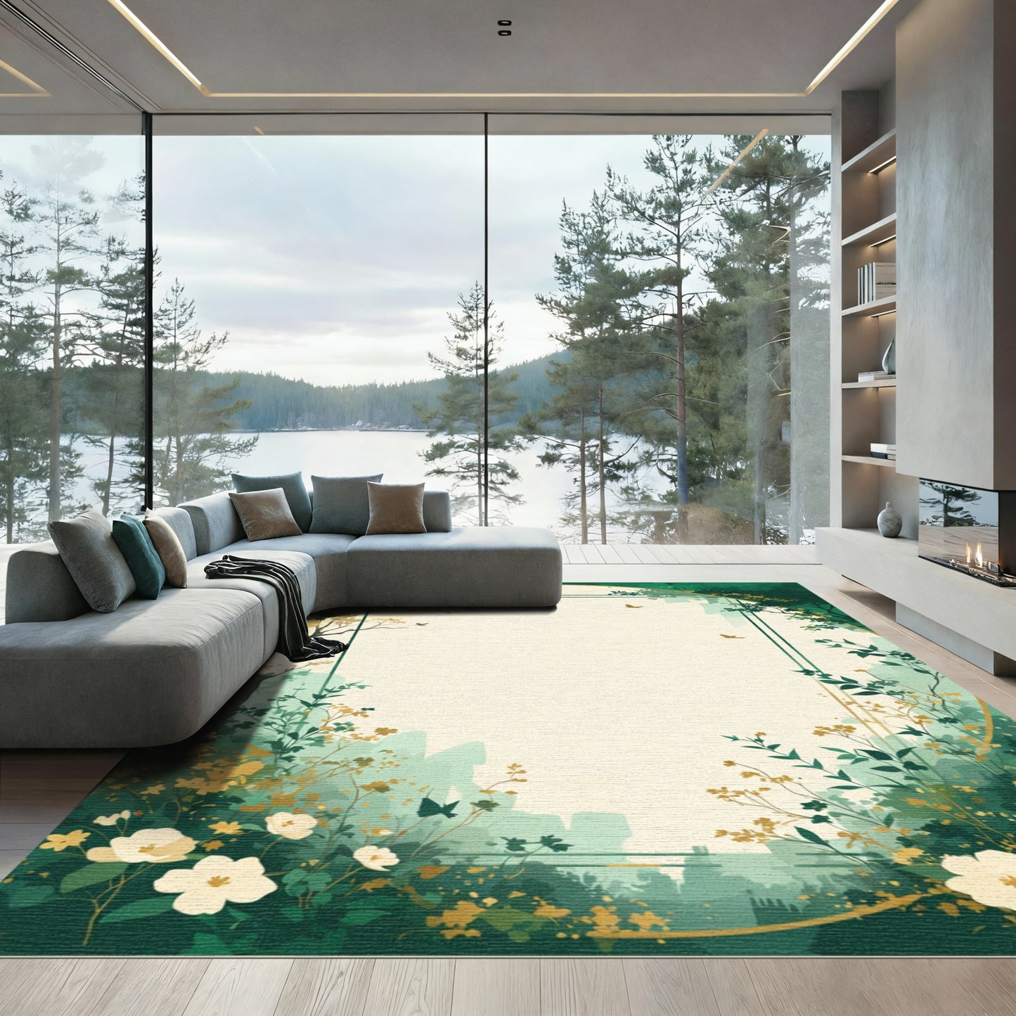 Emerald Green Floral Meadow Rug