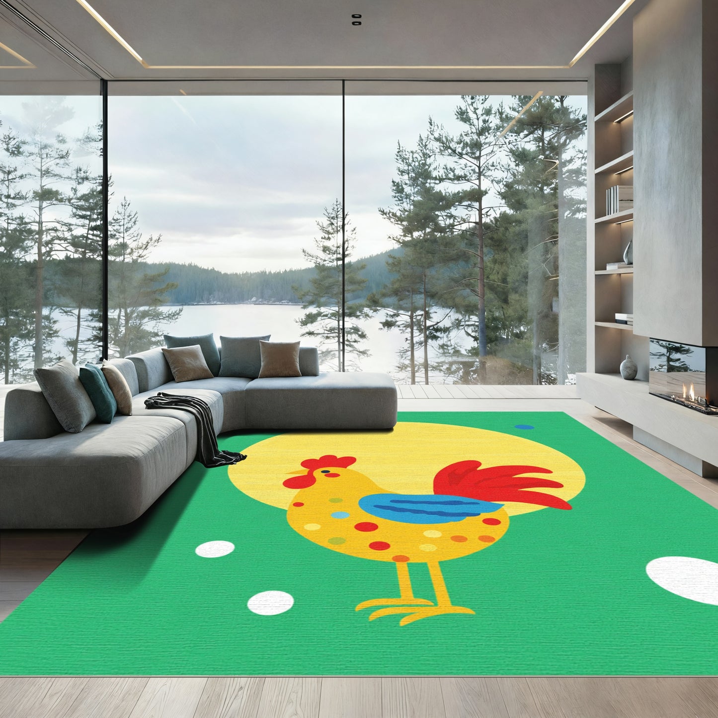 Yellow Rooster With Red Tail Medallion Rug