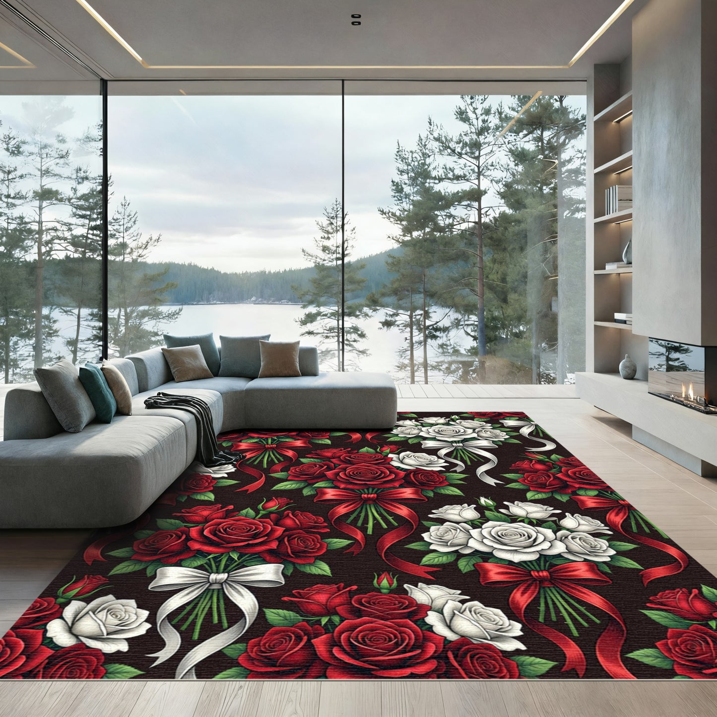 Romantic Red White Rose Bouquet Rug