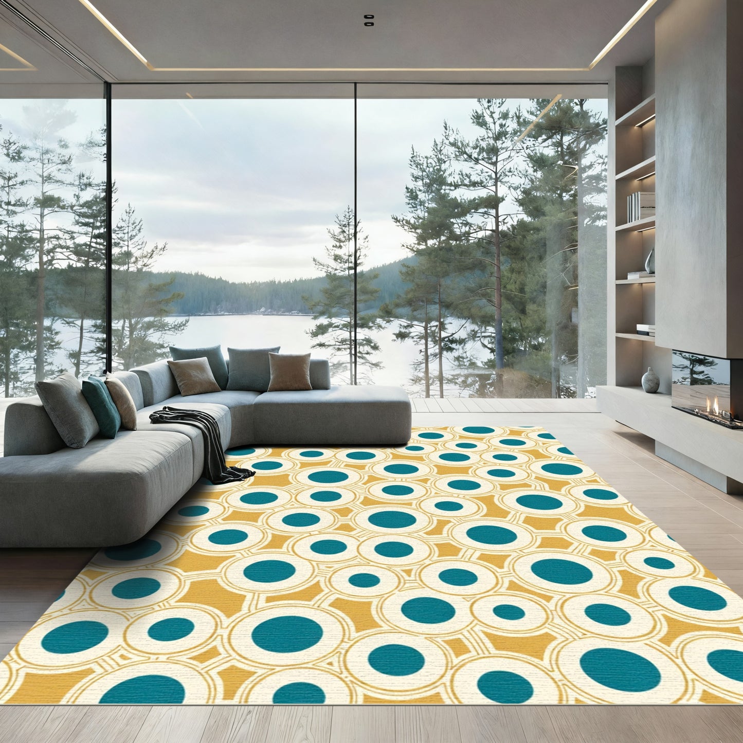 Organic Teal Circles Mustard Yellow Rug