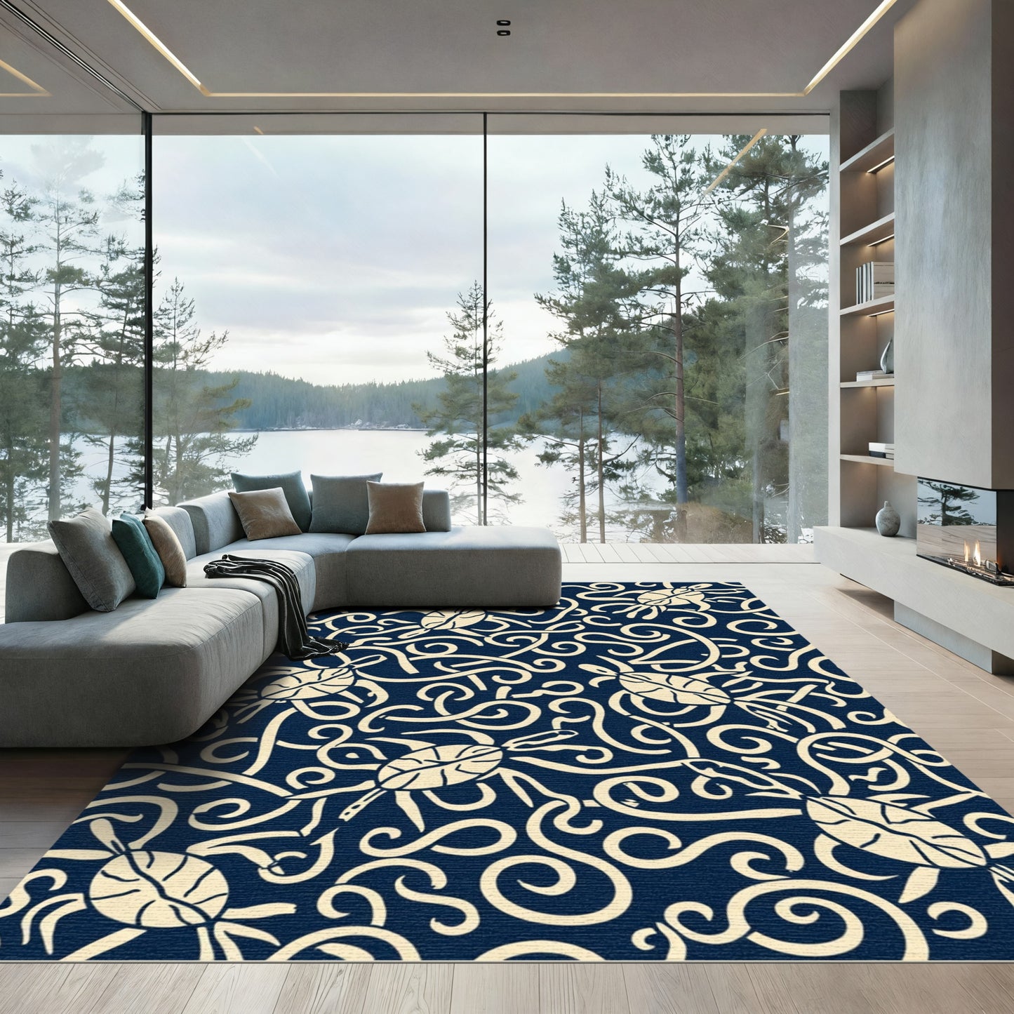 Navy Cream Turtle Swirl Composition Rug