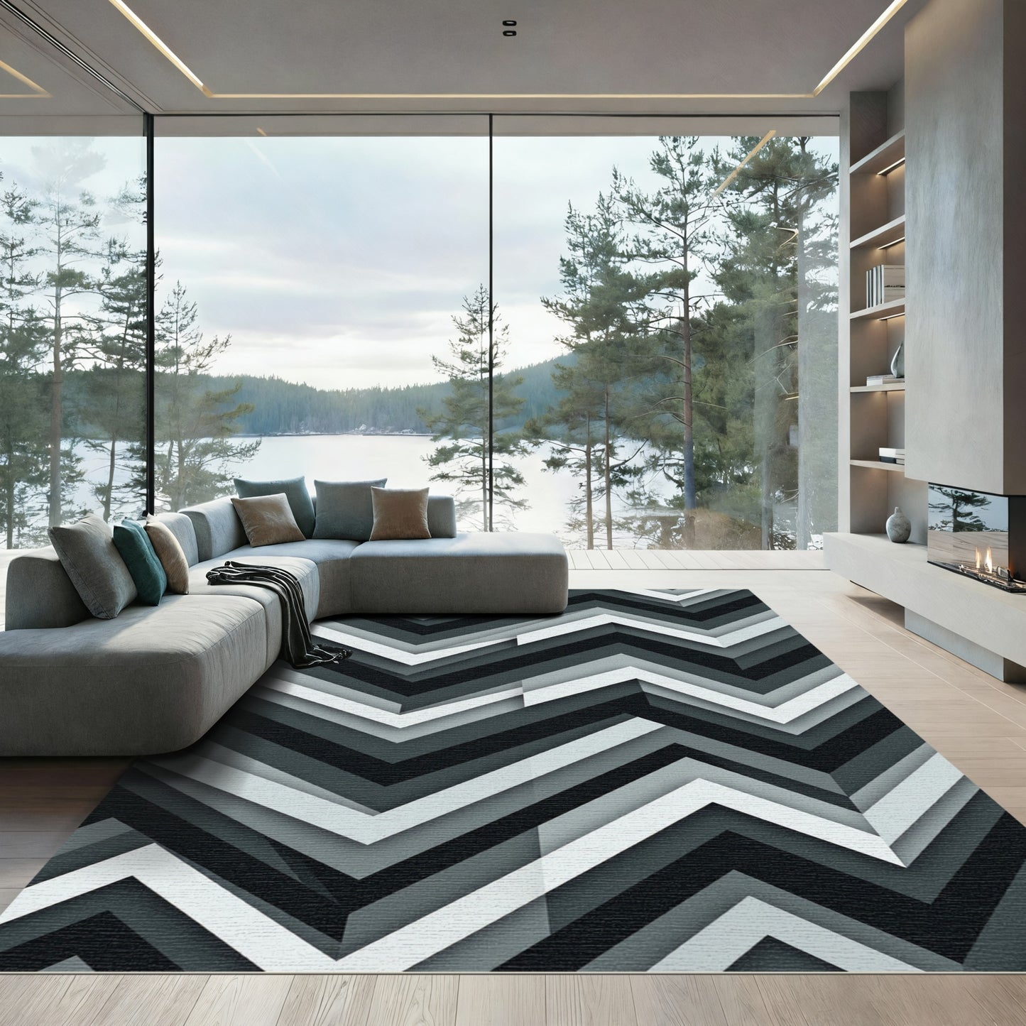 Monochrome Chevron Layered Angled Rug