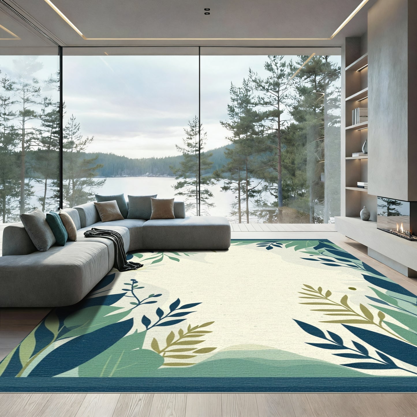 Deep Forest Green Leafy Border Rug