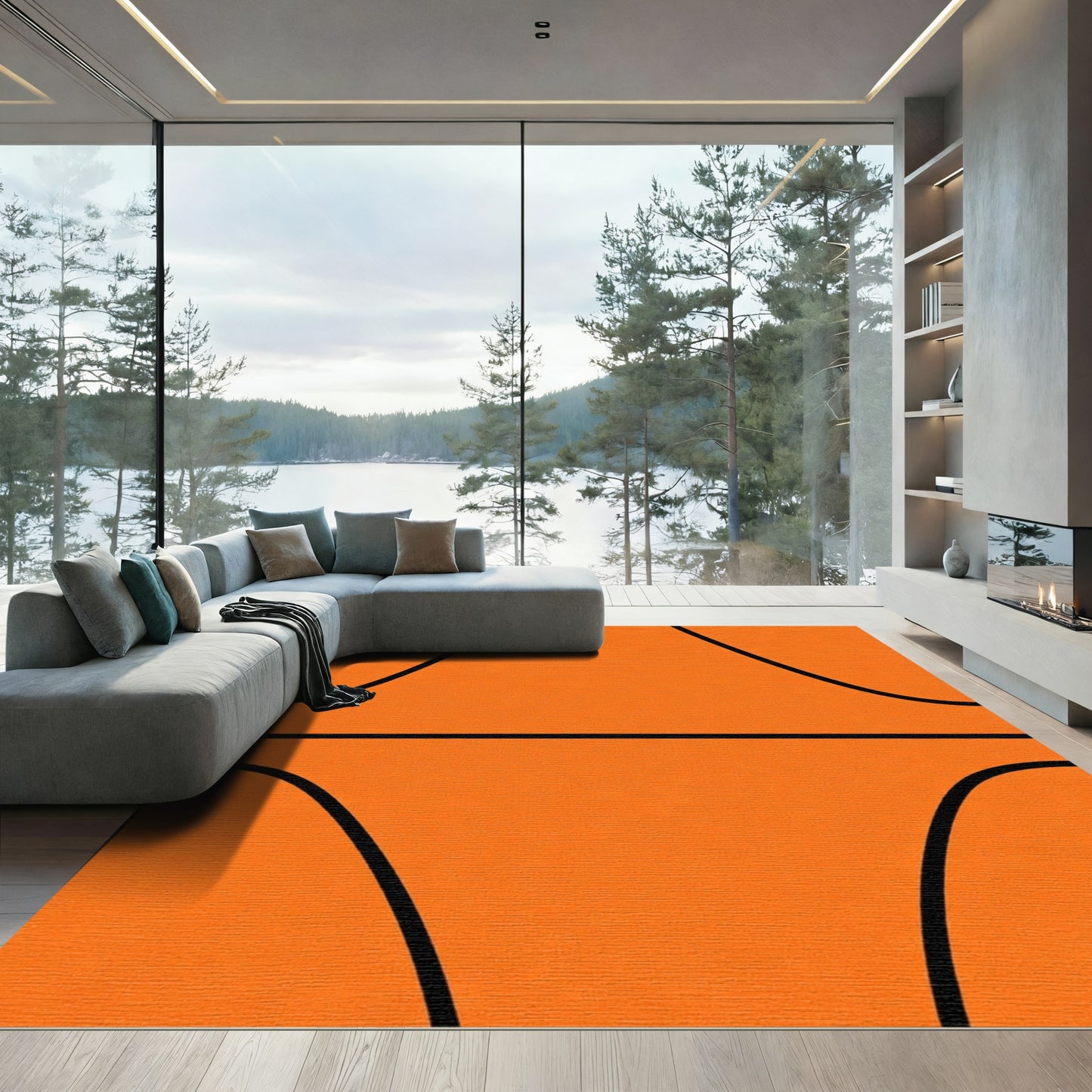 Orange Black Line Textured Basketball Rug