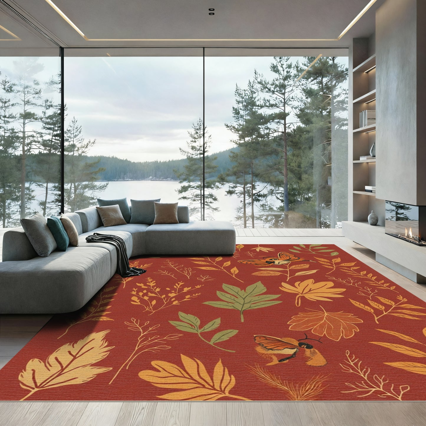 Orange Moth and Autumn Leaf Collage Rug