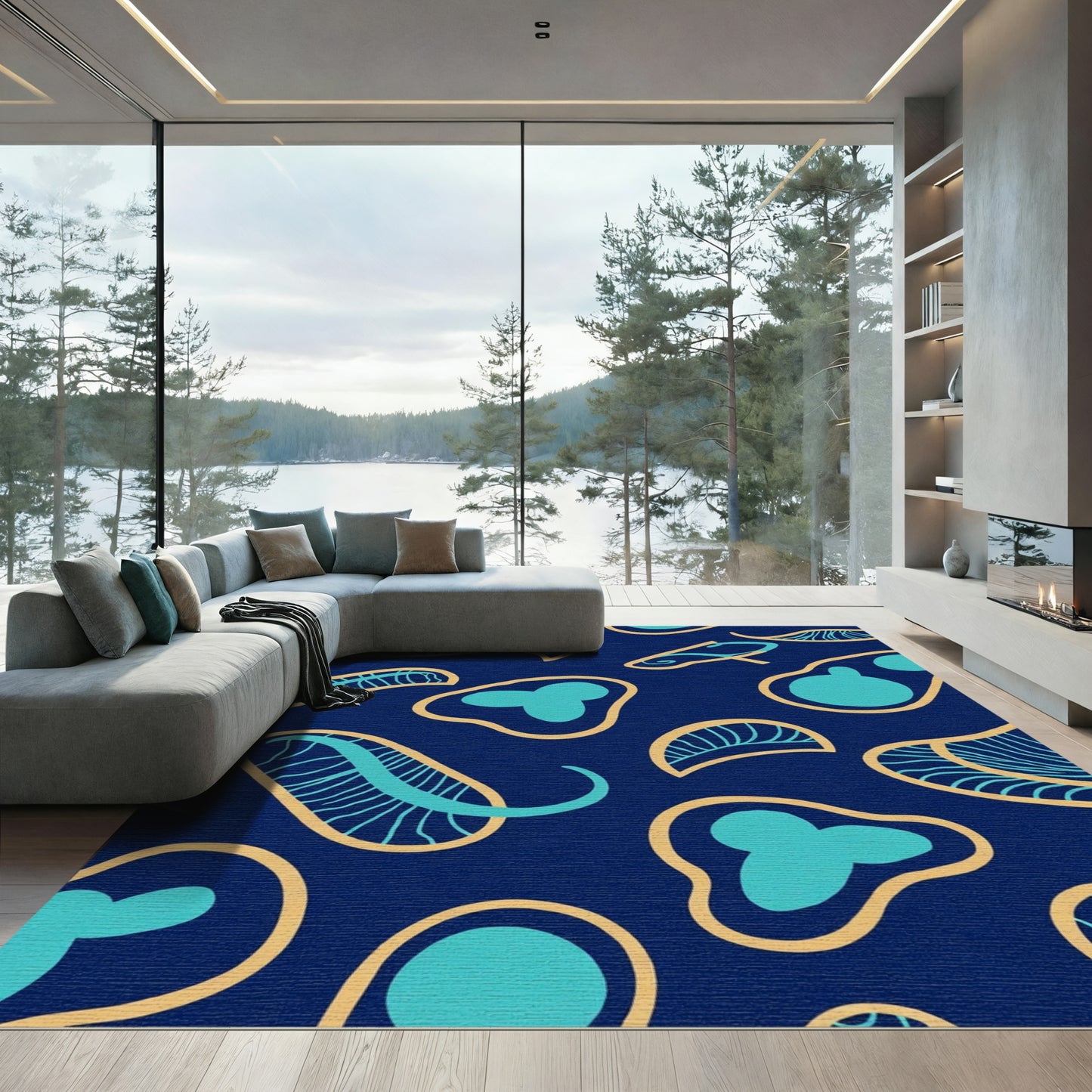 Navy Abstract Organic Shapes Rug