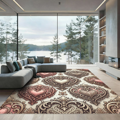 Ornate Pink Heart Filigree Scroll Rug