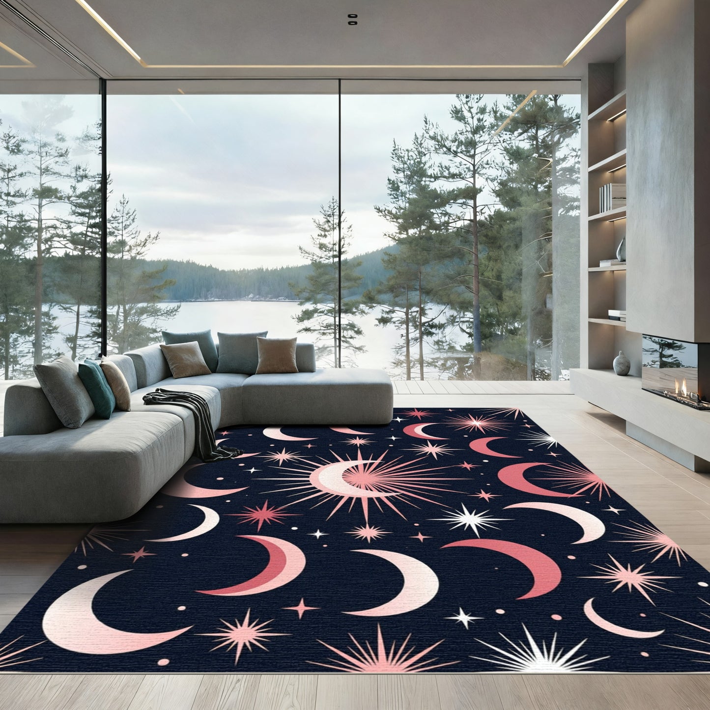 Celestial Rose Gold Moon Stars Rug